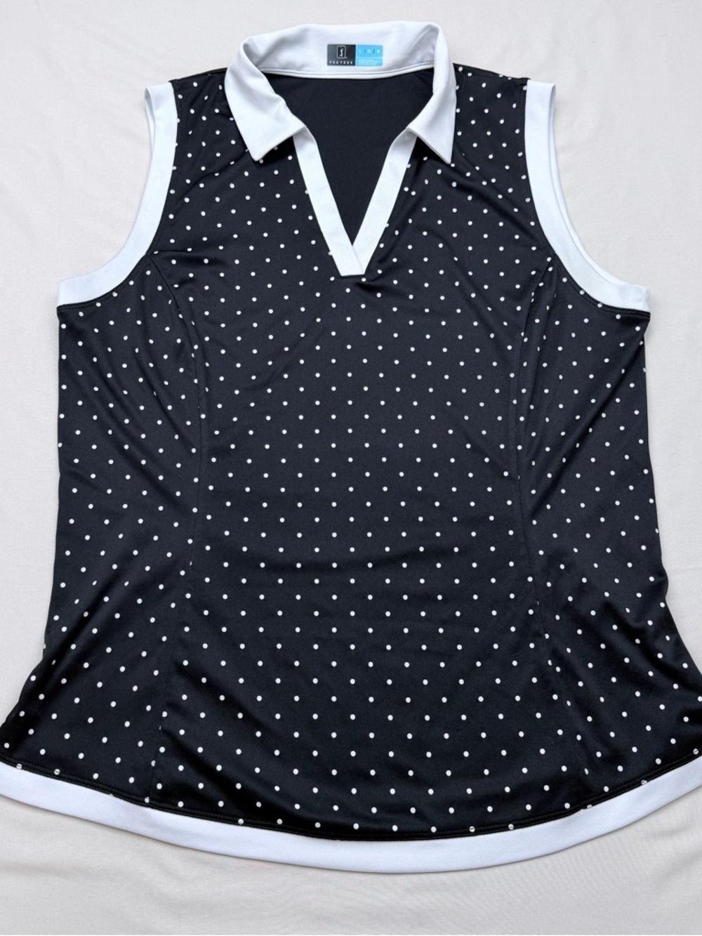 Pebble Beach Black Sleeveless Polka Dot Polo Tank with White Trim